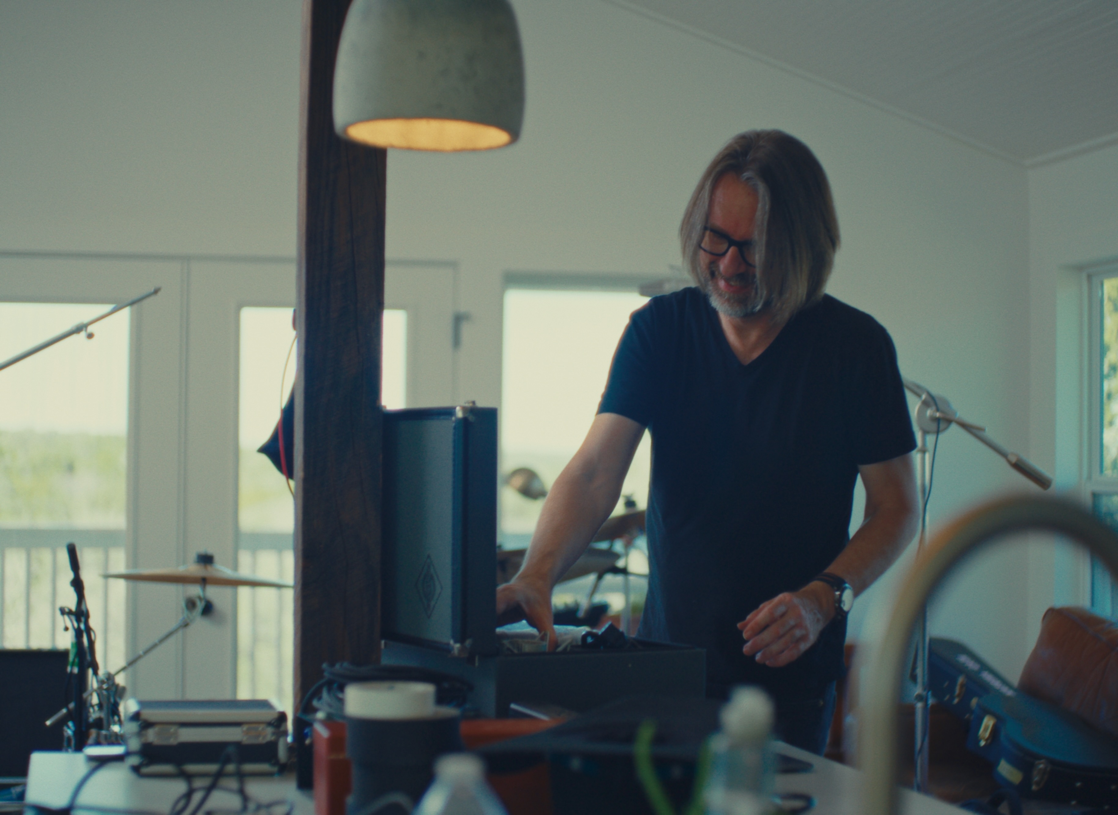 Chris Bell setting up recording gear