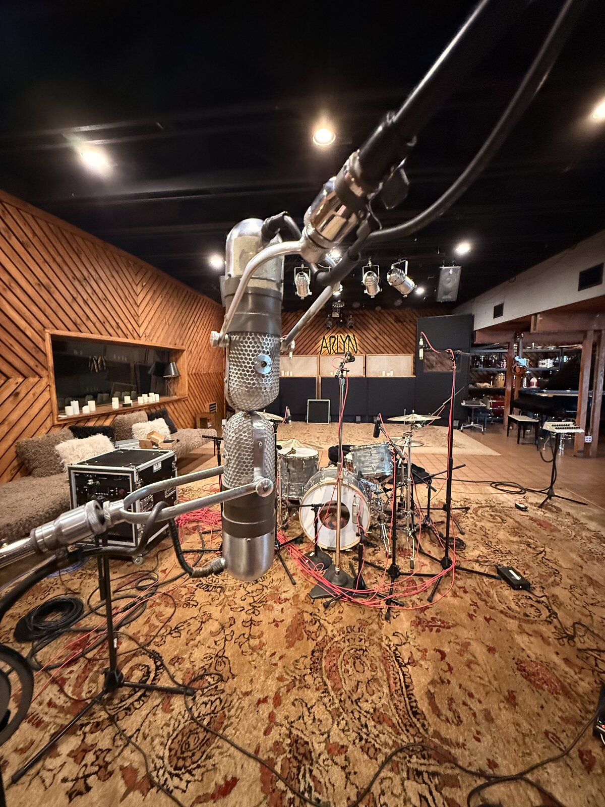 A vintage ribbon microphone set up in the live room at Arlyn Studios