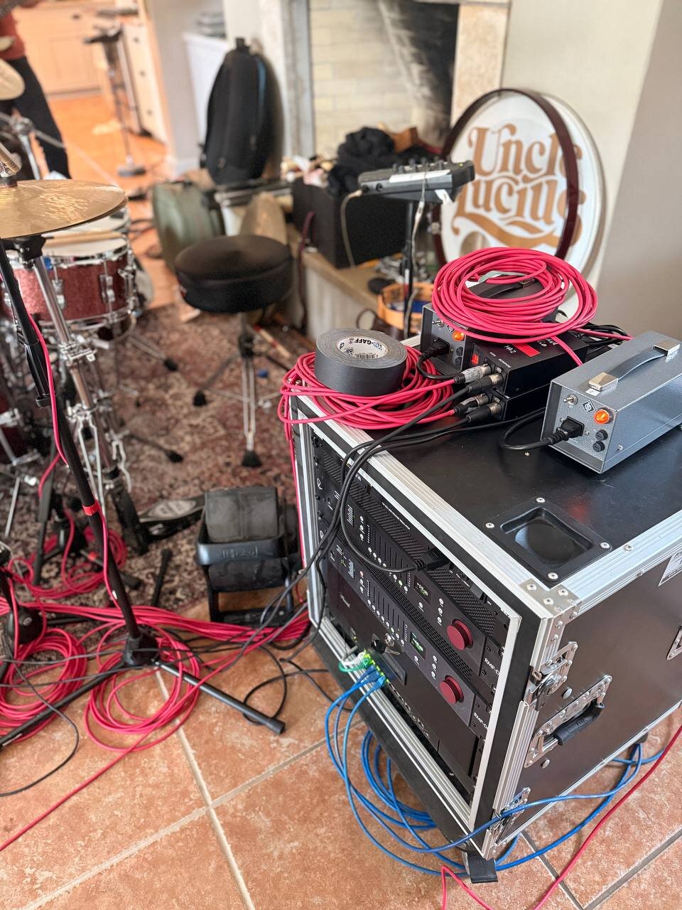 The mobile Neve RMP-D8 rig set up for the session